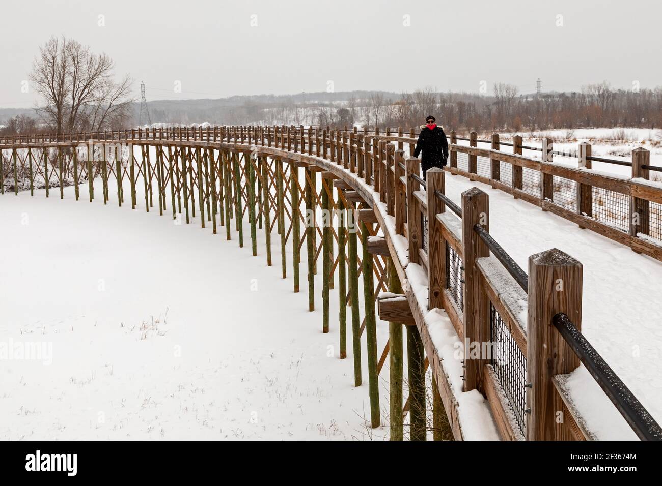 Grand Rapids, Michigan - Susan Newell, 72, walks across a bridge over a frozen lake on a winter day in Millennium Park. The 1400-acre park is one of t Stock Photo
