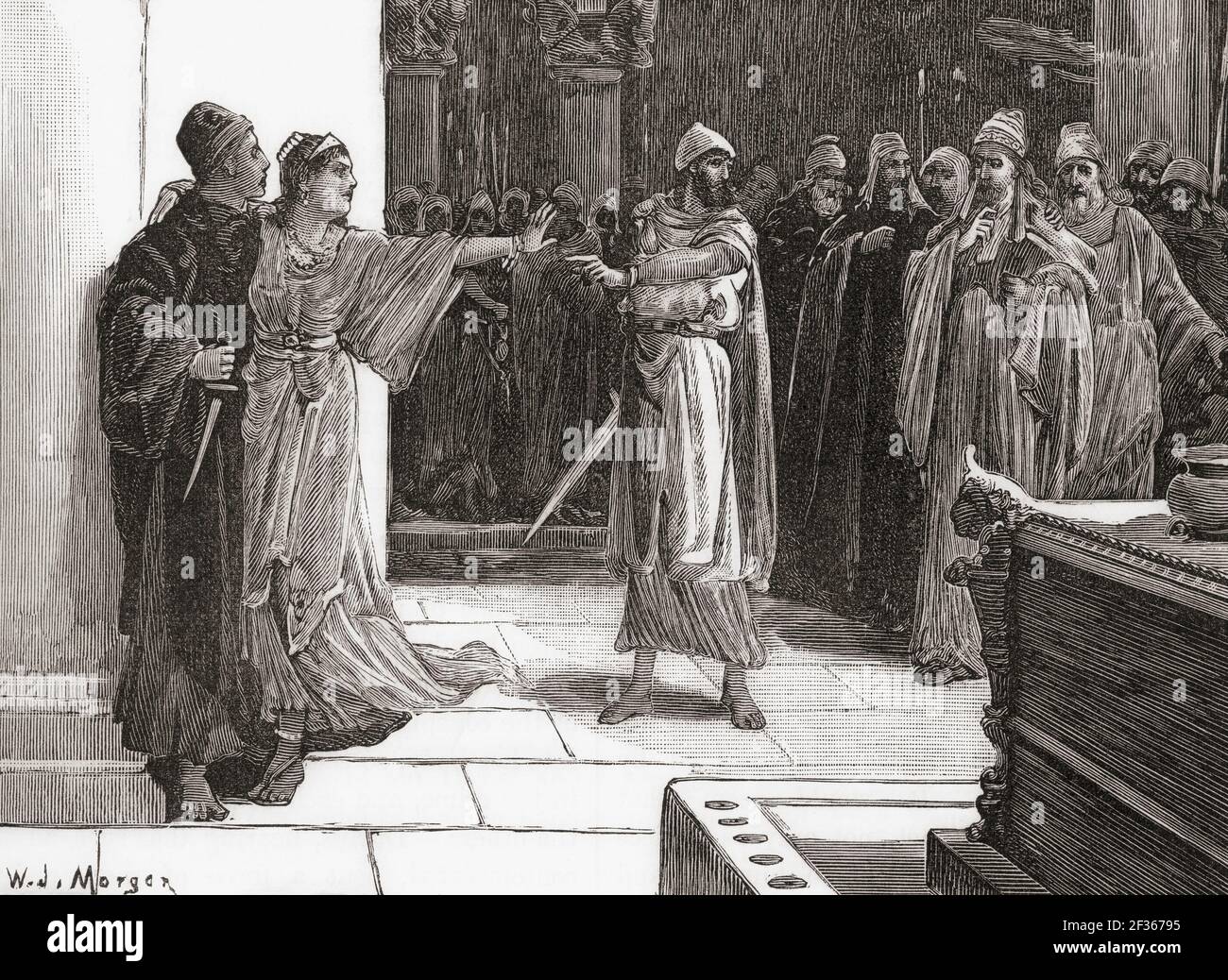 The mother of Cyrus saving his life. Parysatis defends her son Cyrus the Younger accused of plotting the murder of his brother Artaxerxes II by Tissaphernes.   Persian prince and general, Satrap of Lydia and Ionia from 408 to 401 BC. From Cassell's Universal History, published 1888. Stock Photo