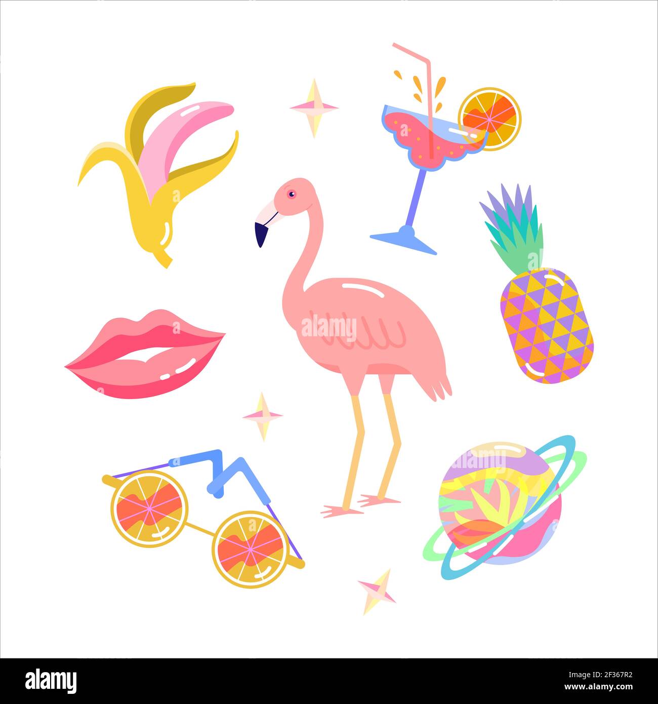 Summer design elements set. Flamingo, pineapple, cocktail, lips, citrus sunglasses, banana, summer planet with rings. Positive trendy summertime colle Stock Vector