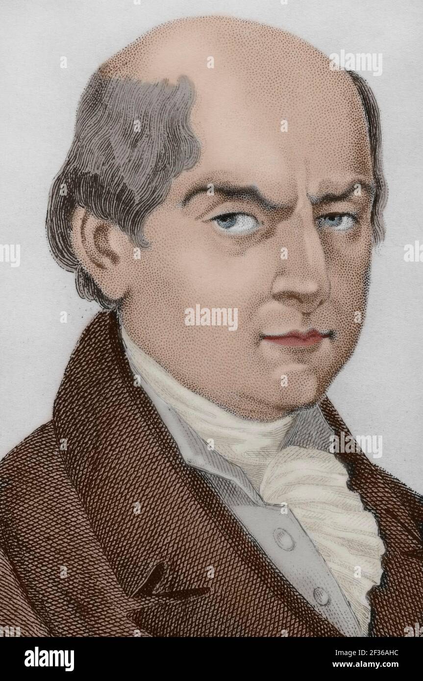 John Adams (1735-1826). American politician. Leader of the American Revolution. Second president of the United States of America (1797-1801). Portrait. Engraving by Vernier. Panorama Universal. History of the United States of America, from 1st edition of Jean B.G. Roux de Rochelle's Etats-Unis d'Amérique in 1837. Spanish edition, printed in Barcelona, 1850. Later colouration. Stock Photo