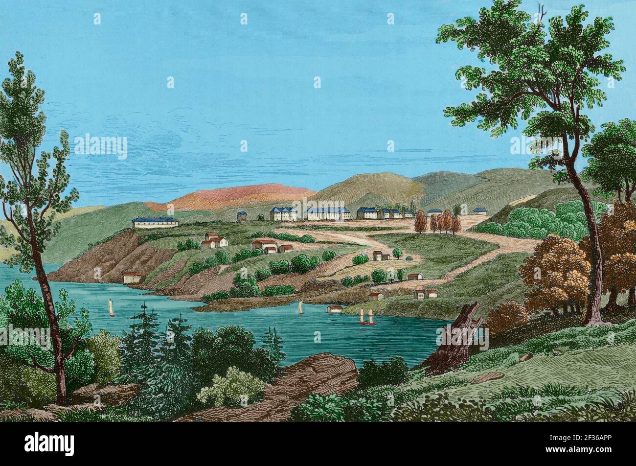 View of West Point. The United States Military West Point. Washington selected Thaddeus Kosciuszko, one of the heroes of Saratoga, to design the fortifications for West Point in 1778. President Thomas Jefferson established the United States Military Academy in 1802, by the Hudson River, north of New York. Engraving by Milbert. Panorama Universal. History of the United States of America, from 1st edition of Jean B.G. Roux de Rochelle's Etats-Unis d'Amérique in 1837. Spanish edition, printed in Barcelona, 1850. Later colouration. Stock Photo