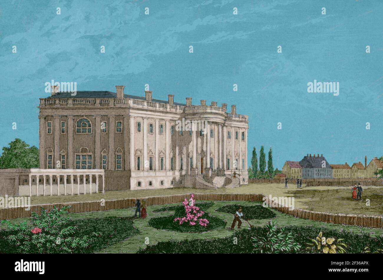 United States, Washington D.C. The White House. Designed by James Hoban (1758-1831), in Neoclassical style, its construction took place between 1792 and 1800. It has been the residence of every U.S, president since John Adams in 1800. Engraving by Arnout. Panorama Universal. History of the United States of America, from 1st edition of Jean B.G. Roux de Rochelle's Etats-Unis d'Amérique in 1837. Spanish edition, printed in Barcelona, 1850. Later colouration. Stock Photo
