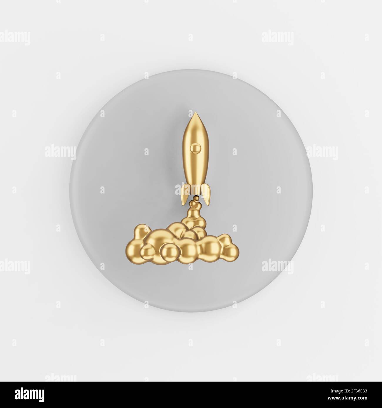 Golden space rocket launch icon. 3d rendering gray round key button ...