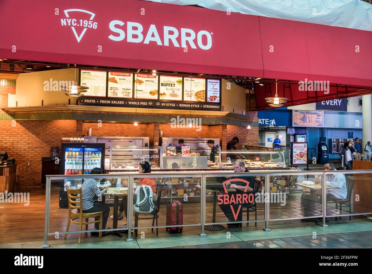Washington DC,Union Station,railroad train terminal Sbarro fast food restaurant food court, Stock Photo