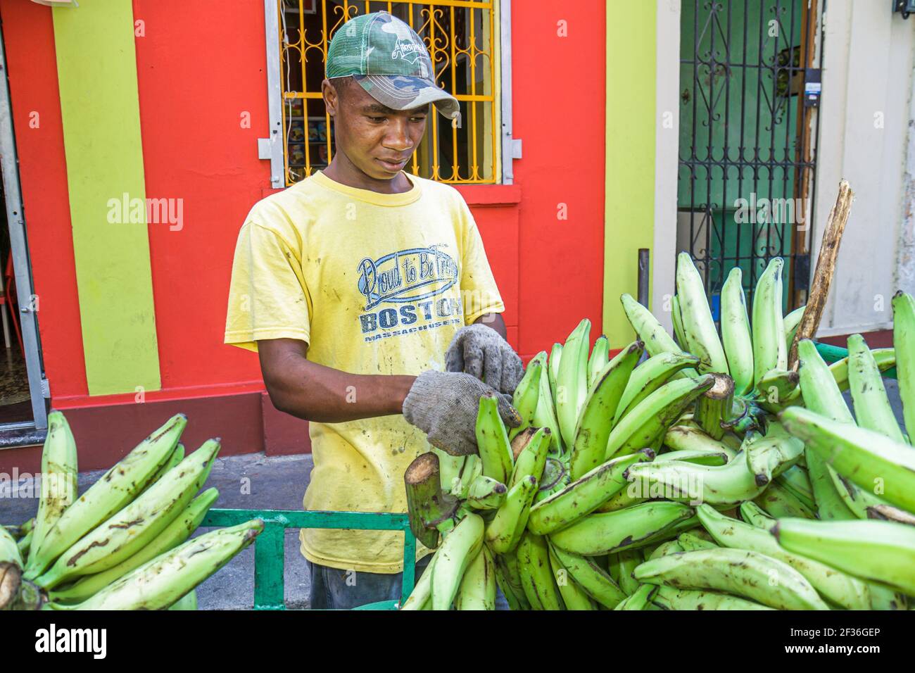 Santo Domingo Dominican Republic,Ciudad Colonia Zona Colonial,Calle Santome Hispanic man street vendor produce green plantain, Stock Photo