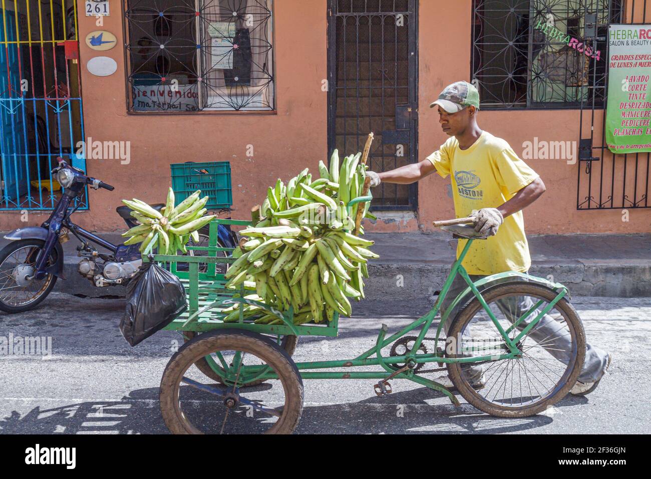 Santo Domingo Dominican Republic,Ciudad Colonia Zona Colonial,Calle Santome Hispanic man street vendor produce green plantain bicycle, Stock Photo