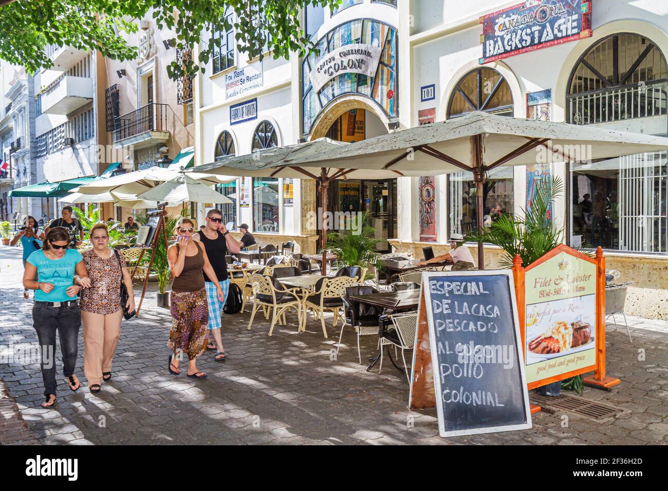 Santo Domingo Dominican Republic,Ciudad Colonia Zona Colonial,Calle el Conde Peatonal Parque Colon Hispanic pedestrians sidewalk cafe,restaurant al fr Stock Photo