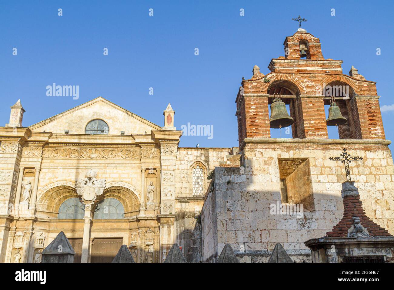 Santo Domingo Dominican Republic,Ciudad Colonia Zona Colonial,Basilica Santa María La Menor National Cathedral built 1541,Gothic style Catholic bell t Stock Photo