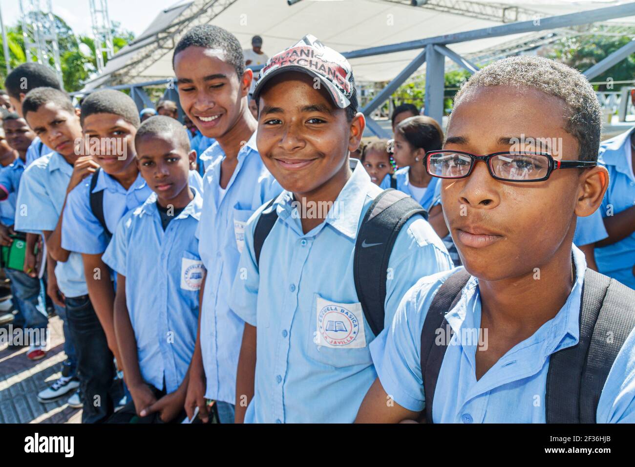 Santo Domingo Dominican Republic,Ciudad Colonial Puerta Del Conde,Parque Independencia Independence Park Hispanic Black teen teenage boys,class field Stock Photo