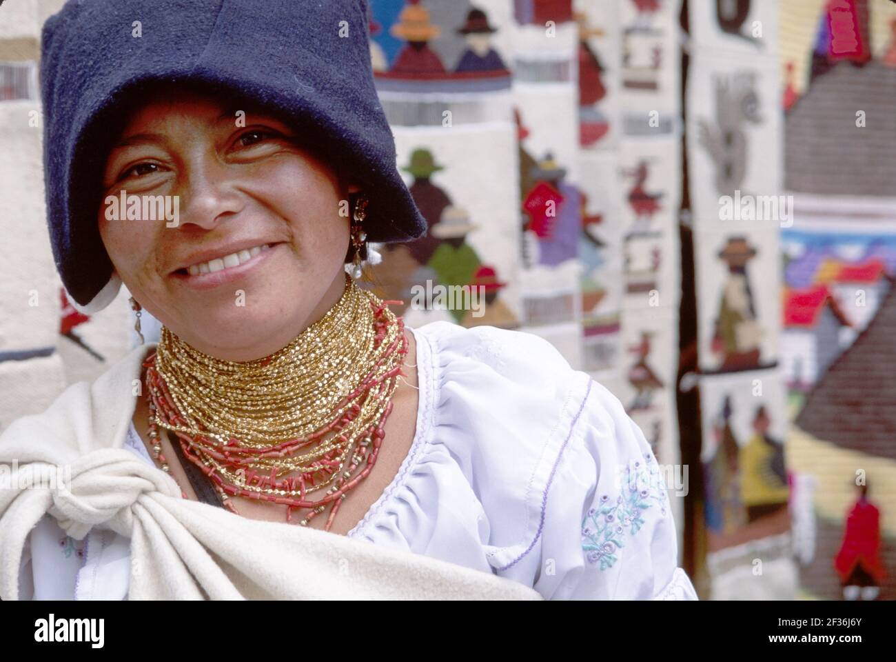 Ecuador Ecuadorian South America American Otavalo Market marketplace,Indigenous woman female vendor vendors Stock Photo