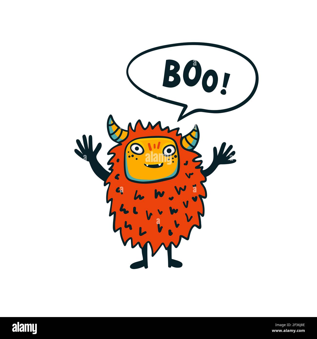 Halloween monster. A cute fluffy monster with boo speech bubble on white background. Cartoon Vector illustration Stock Vector
