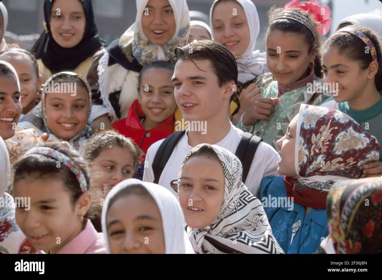 Cairo Egypt Egyptian Muslim Egyptian Museum,teen teenage teenagers girls female Muslim students heads covered hijab,school class field trip visiting w Stock Photo