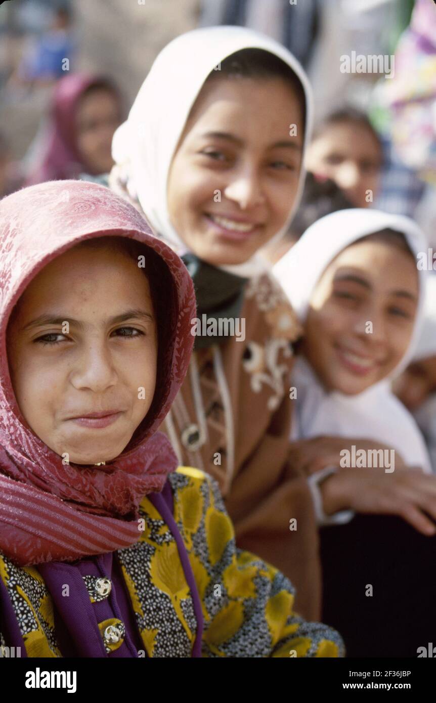 Cairo Egypt Egyptian Muslim Egyptian Museum,teen teenage teenagers girls female Muslim students heads covered hijab,school class field trip, Stock Photo