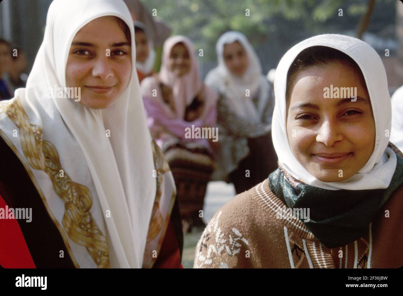 Cairo Egypt Egyptian Muslim Egyptian Museum,teen teenage teenagers girls female Muslim students heads covered hijab,school class field trip, Stock Photo
