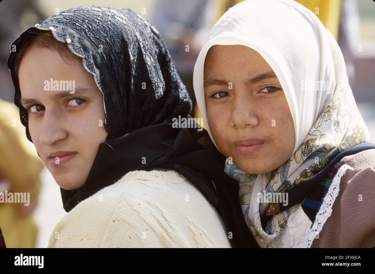 Cairo Egypt Egyptian Muslim Egyptian Museum,teen teenage teenagers girls female Muslim students heads covered hijab,school class field trip, Stock Photo