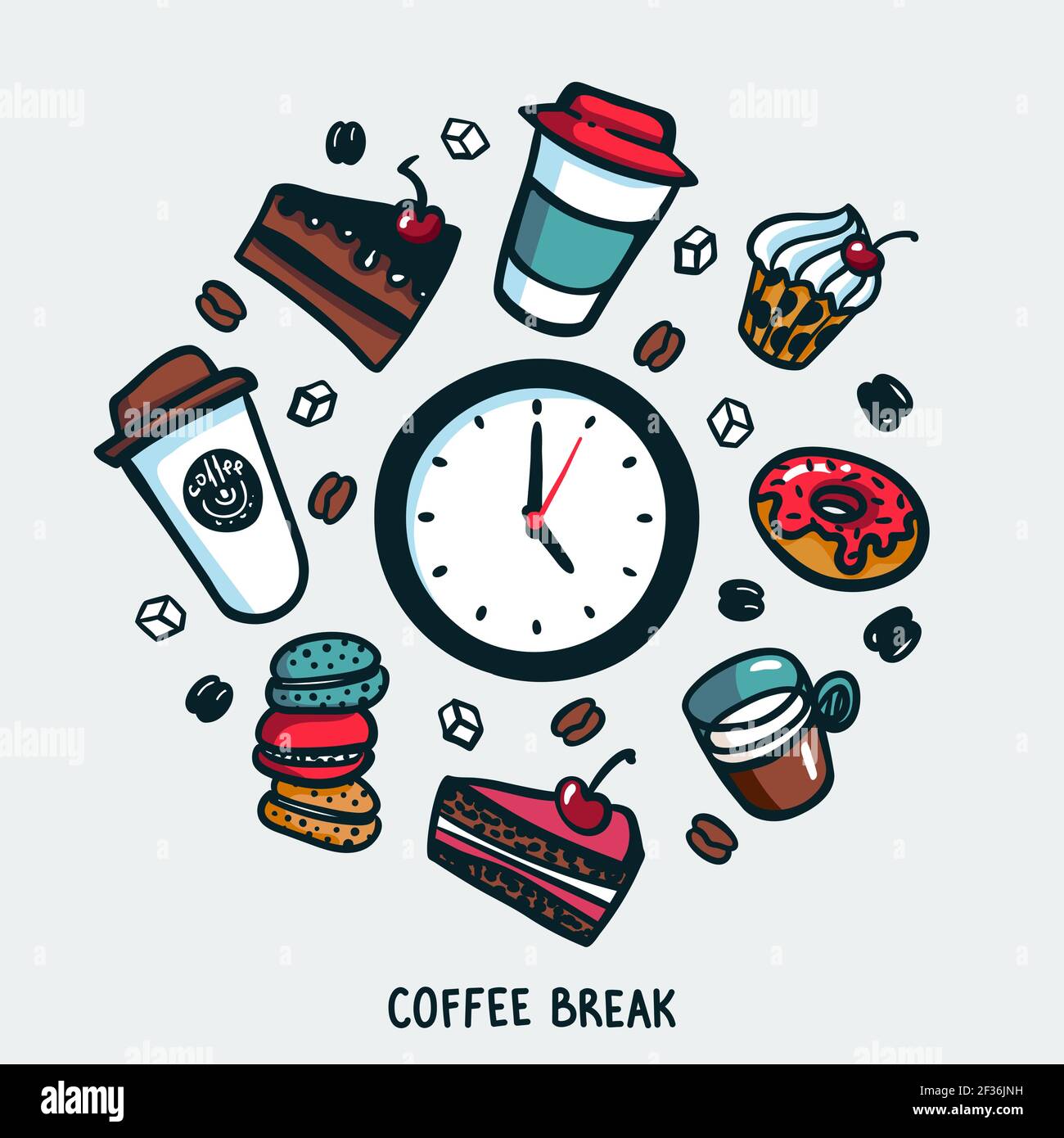 Coffee break concept. Time for a coffee break. Colorful doodle style cartoon set of objects and