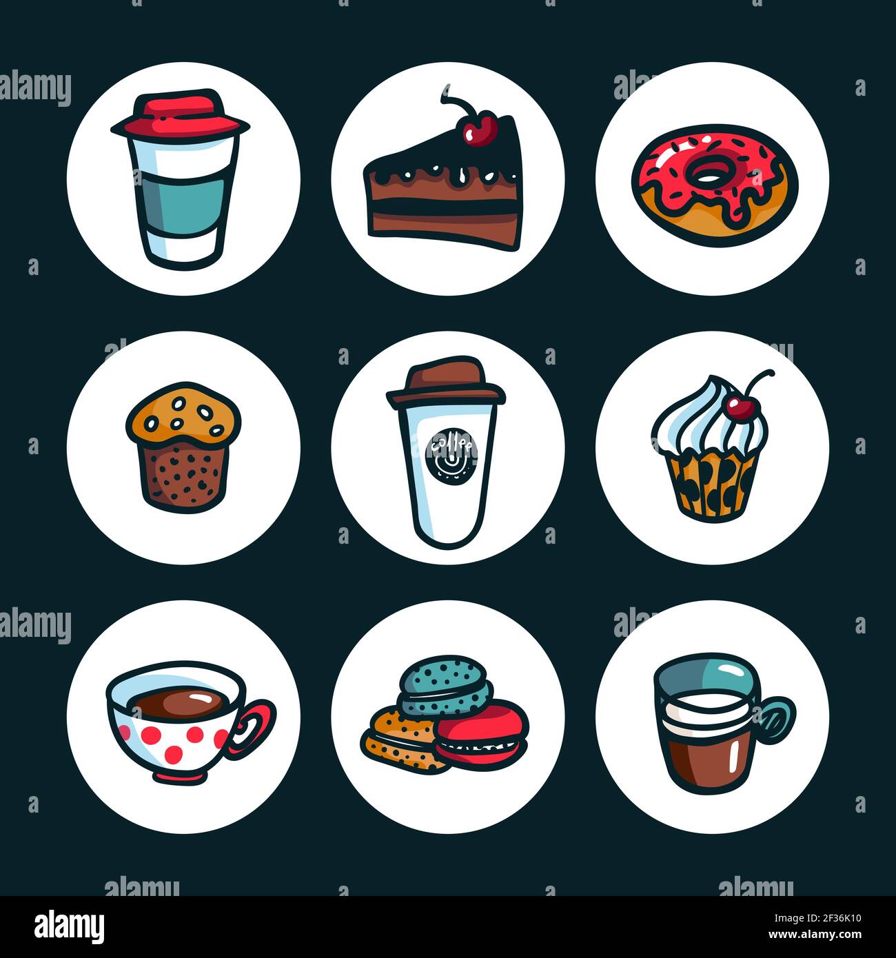 Coffee icons. Colorful doodle style cartoon set of objects on coffee