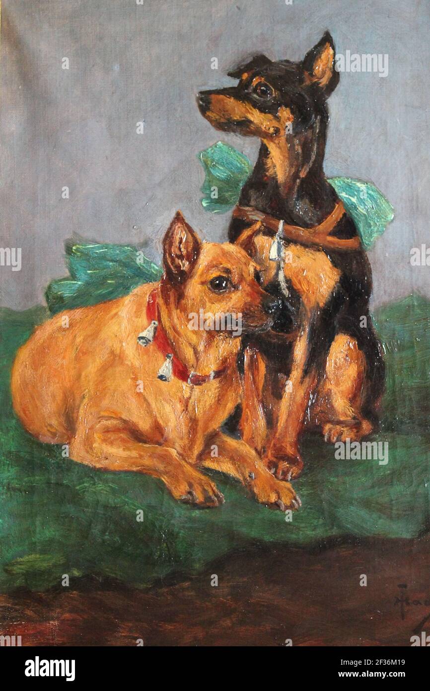 Oil painting of two dogs one dog wearing a harness with a green bow, Other wearing a red collar with bells and a green bow with copy space Stock Photo
