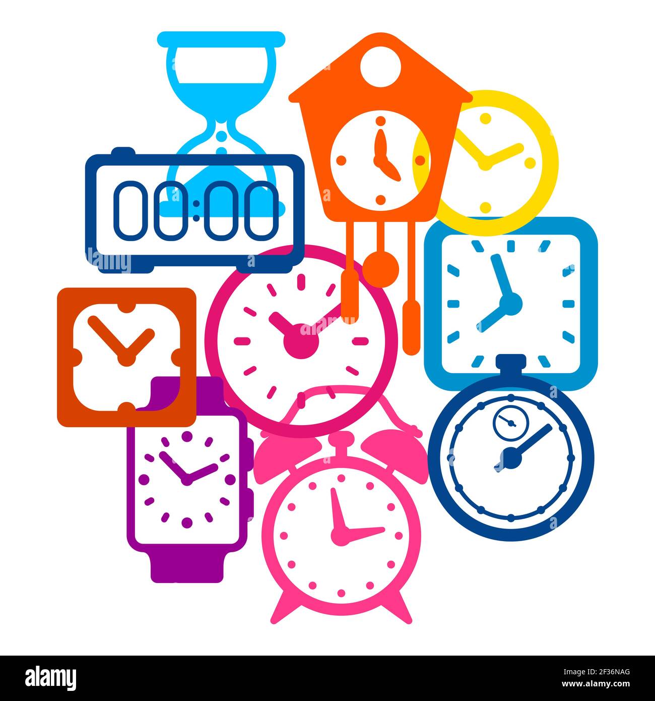 Background with different clocks. Stylized icons for design and applications. Stock Vector