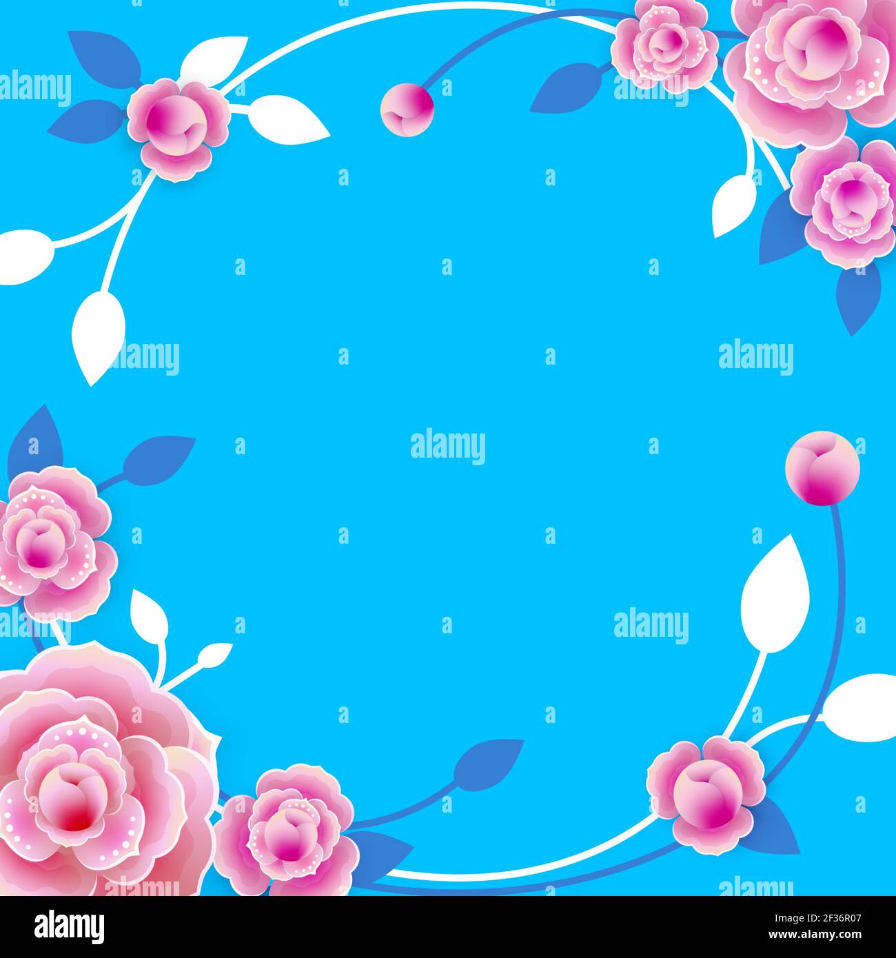 Square frame with abstract pink roses banner on a blue background, place for text. Suitable for social media advertising. Vector Stock Vector