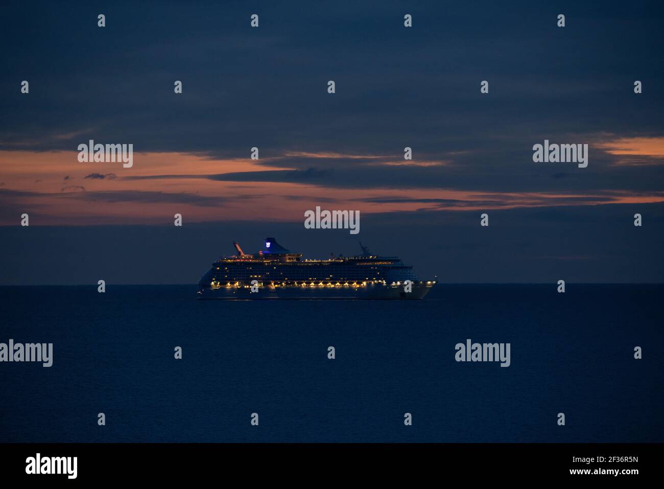 Cruise ship anchored at sea seen from Hengistbury Head in Southbourne