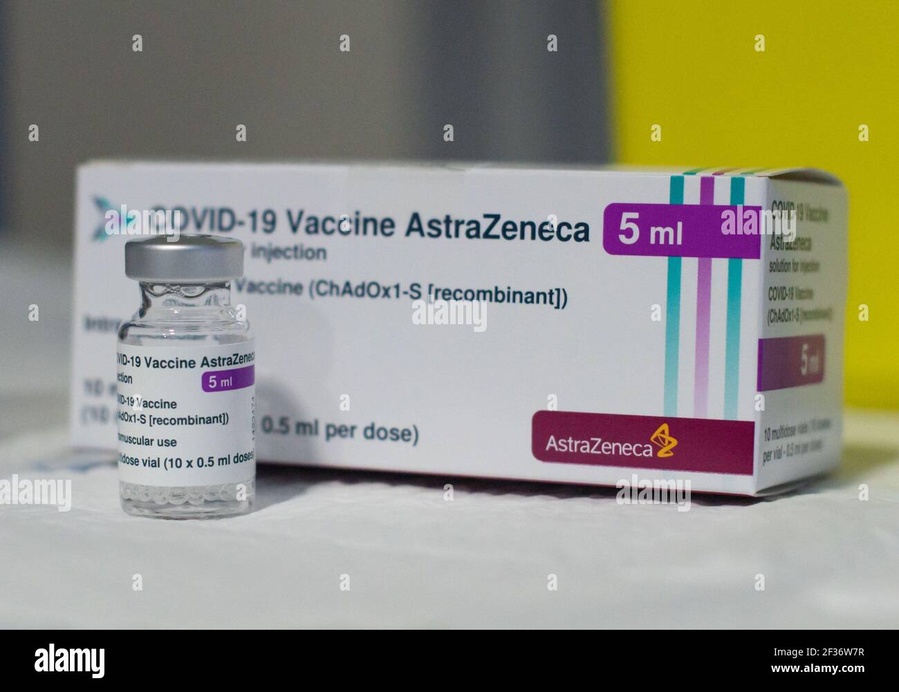 AstraZeneca COVID19 vaccine Vial seen in front of its packaging box during the vaccination exercise of frontline workers at Coria City Hospital. Some European countries have cancelled the administration of AstraZeneca vaccine due the appearance of some side effects in people who had received it recently. Stock Photo