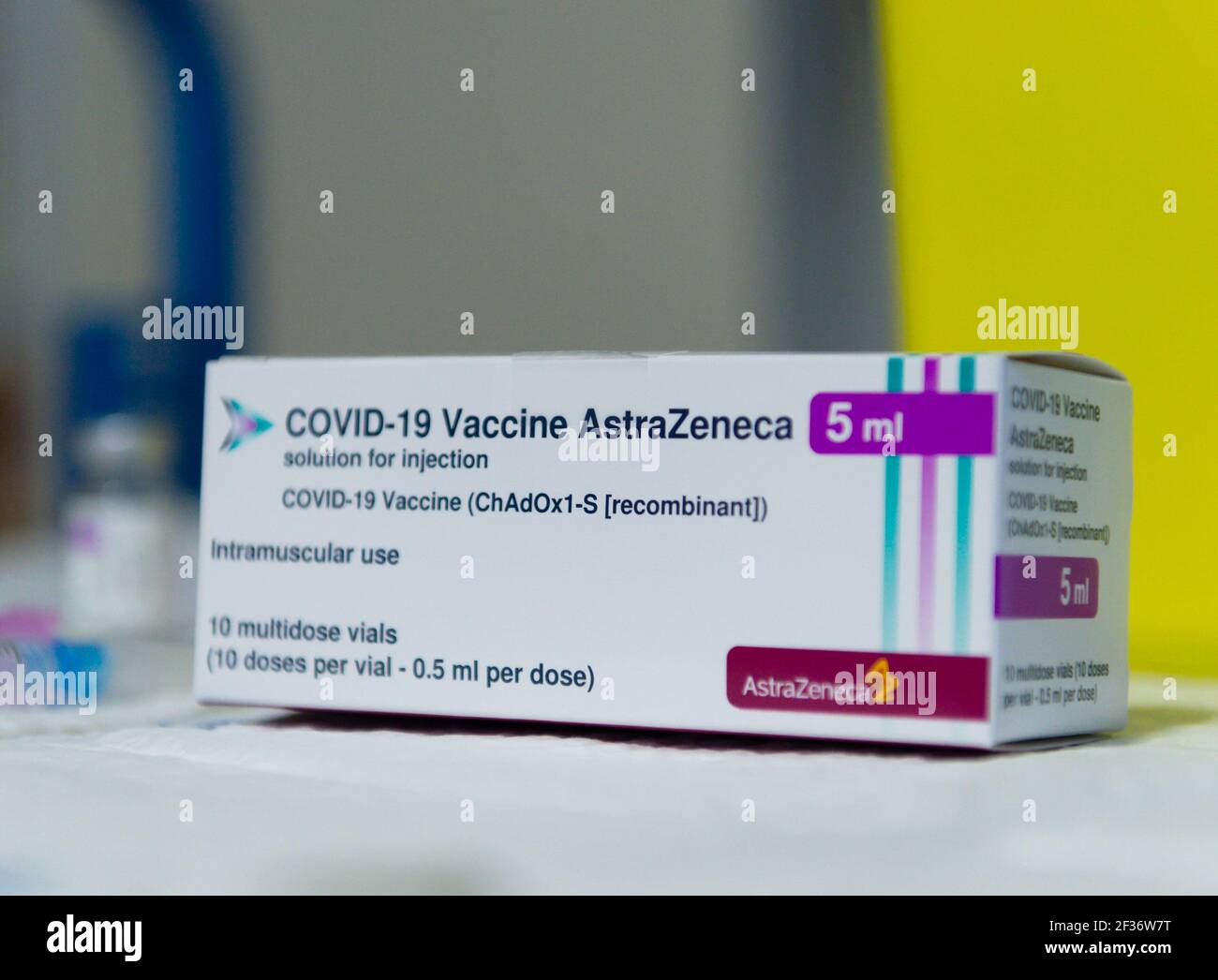 AstraZeneca COVID19 vaccine packaging box is seen during the vaccination exercise of frontline workers at Coria City Hospital. Some European countries have cancelled the administration of AstraZeneca vaccine due the appearance of some side effects in people who had received it recently. Stock Photo