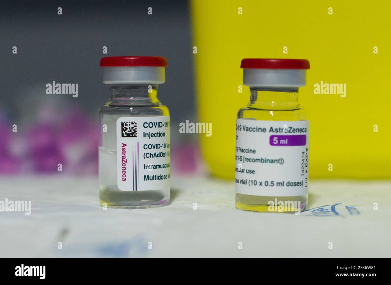 AstraZeneca COVID19 vaccine Vials seen during the vaccination exercise of frontline workers at Coria City Hospital. Some European countries have cancelled the administration of AstraZeneca vaccine due the appearance of some side effects in people who had received it recently. Stock Photo