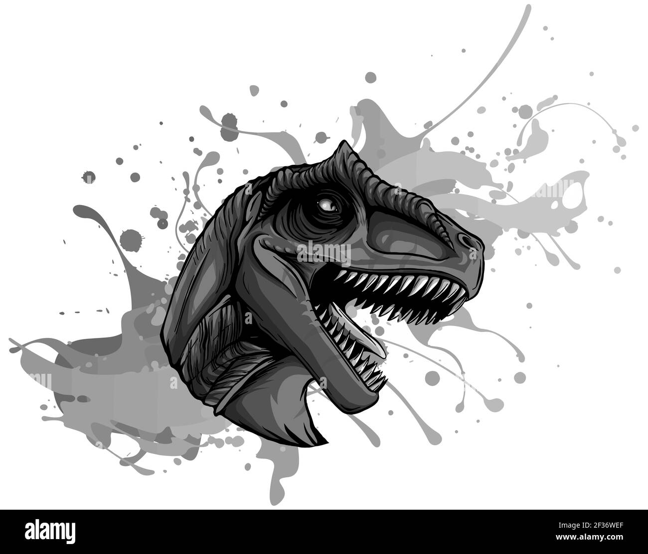 monochromatic vector illustration of a T Rex, Tyrannosaurus Rex dinosaur ripping through a wall Stock Vector
