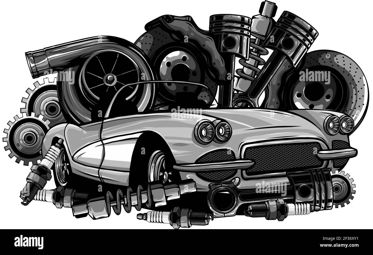 monochromatic Vintage car components collection witn automobile motor