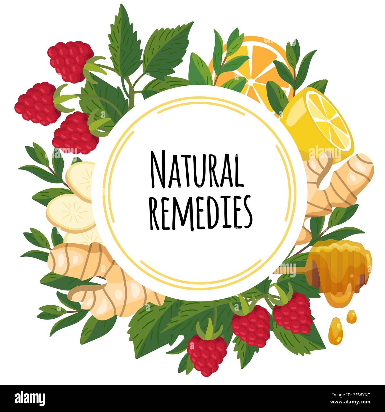 Natural remedies frame with healthy ingredients - ginger, mint, lemon, raspberry. Folk herbal natural medicine. Home treatment for colds, flu, runny Stock Vector