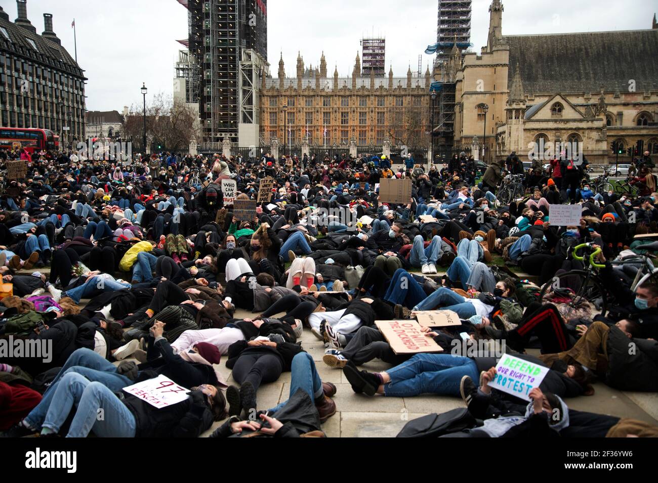 Parliament Square. 14/03/2021. Protest over the heavy handed policing of the vigil on Clapham Common for Sarah Everard the night before...everyone lay Stock Photo