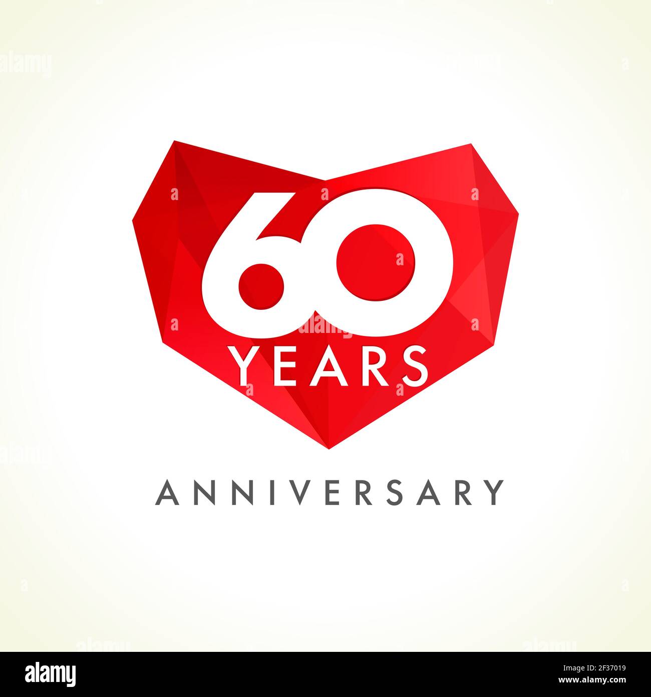 Anniversary 60 years old hearts celebrating vector logo. Birthday greetings with stained-glass frame, heart shape. Holiday lovely stained sixty celebr Stock Vector