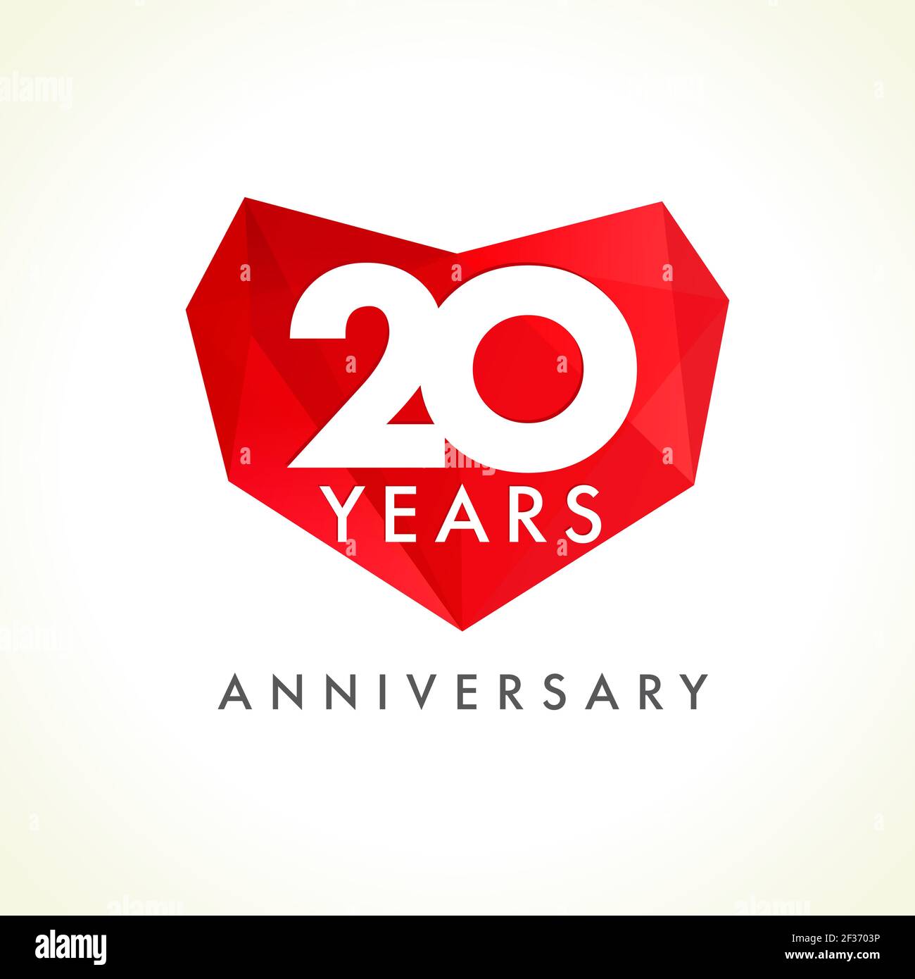 Anniversary 20 years old hearts celebrating vector logo. Birthday greetings with stained-glass heart shape. Holiday abstract lovely stained card with Stock Vector