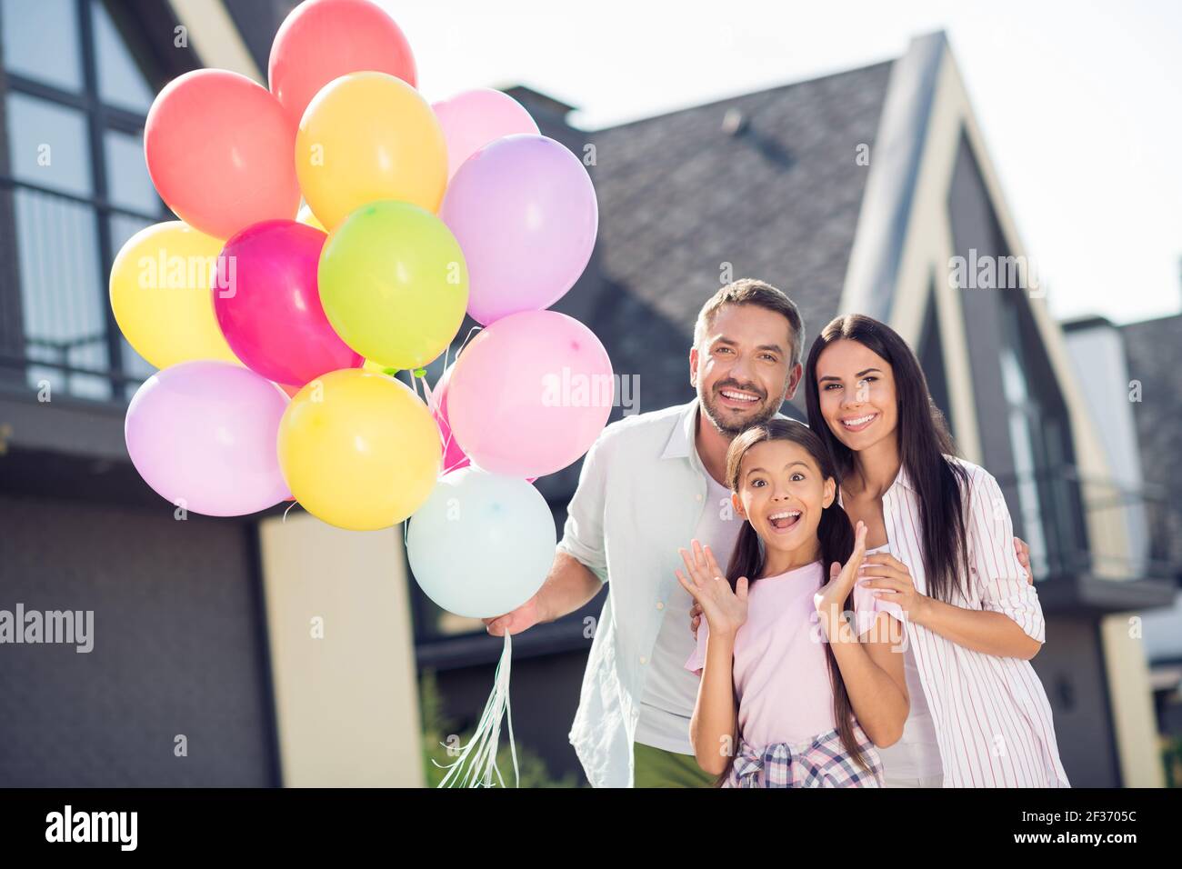 Photo of smiling happy cheerful good mood family dad mom celebrate ...