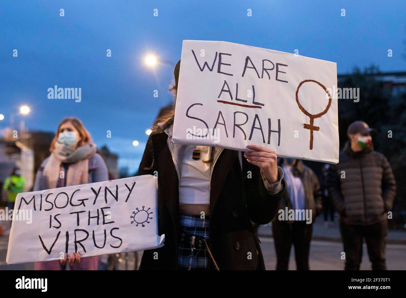 Cardiff, Wales, UK. 15th Mar, 2021. Protesters during a ‘Reclaim These Streets'/defend your right to protest protest outside Cardiff Bay police station. Credit: Mark Hawkins/Alamy Live News Stock Photo
