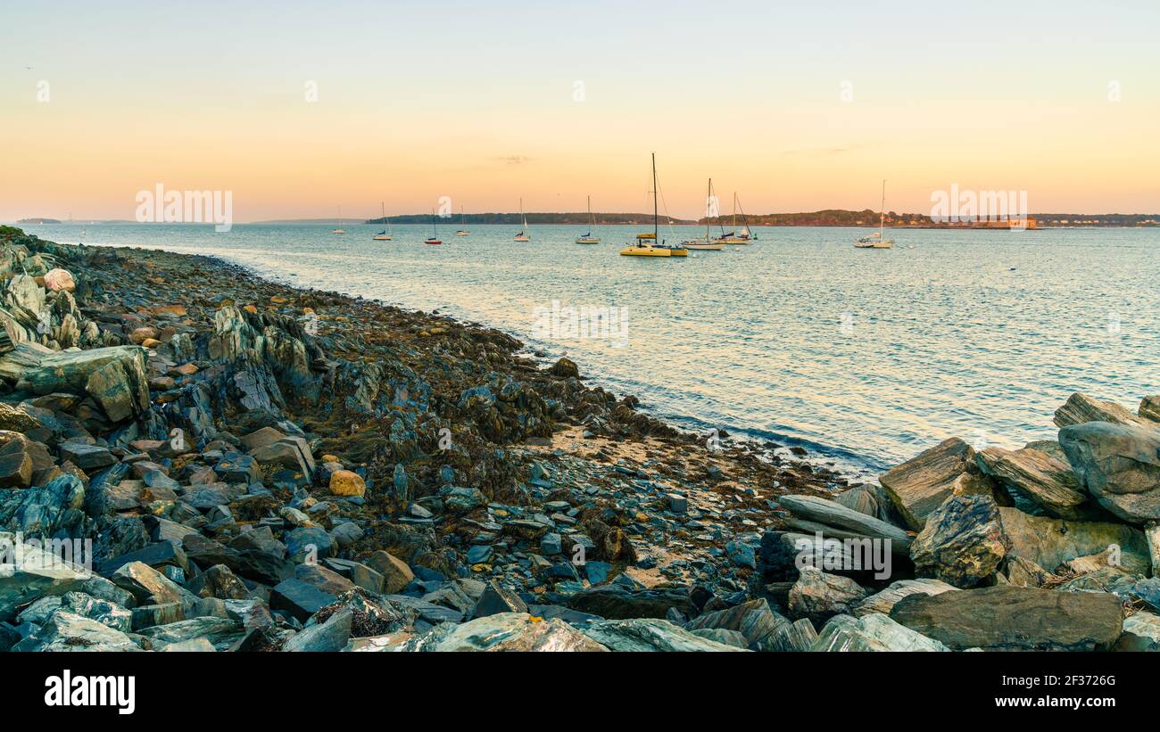 View of Portland Harbor from Eastern Promenade Trail in Portland, Maine Stock Photo