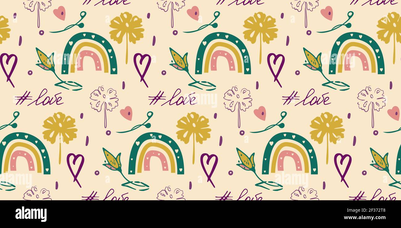 Vector hand drawn doodle seamless pattern, minimalistic boho ink ...