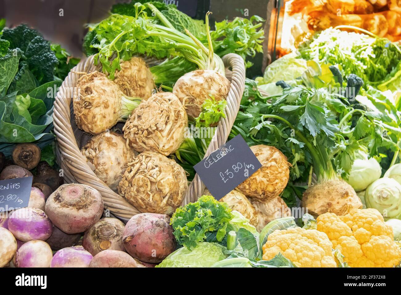 Basket and pile of vegetables at UK market including turnips and kale and celeriac and cauliflower Stock Photo