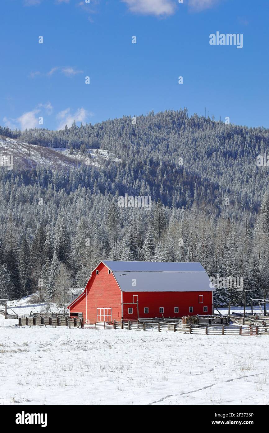 A red barn and a blue sky in winter inear Twin Lakes, Idaho Stock Photo -  Alamy