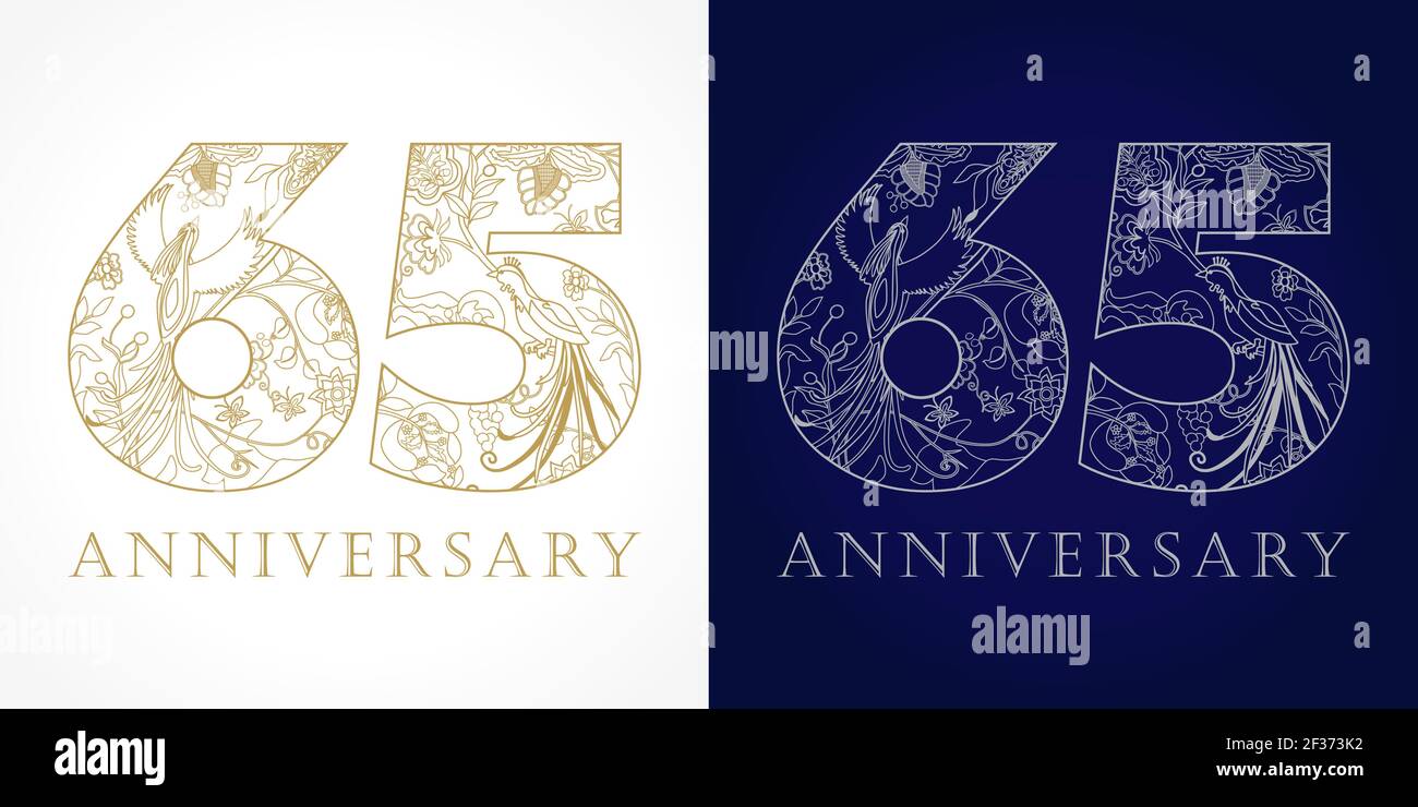 65 years old luxurious celebrating folk numbers. Template gold and silver colored 65 th happy anniversary greetings, ethnics flowers, plants, paradise Stock Vector