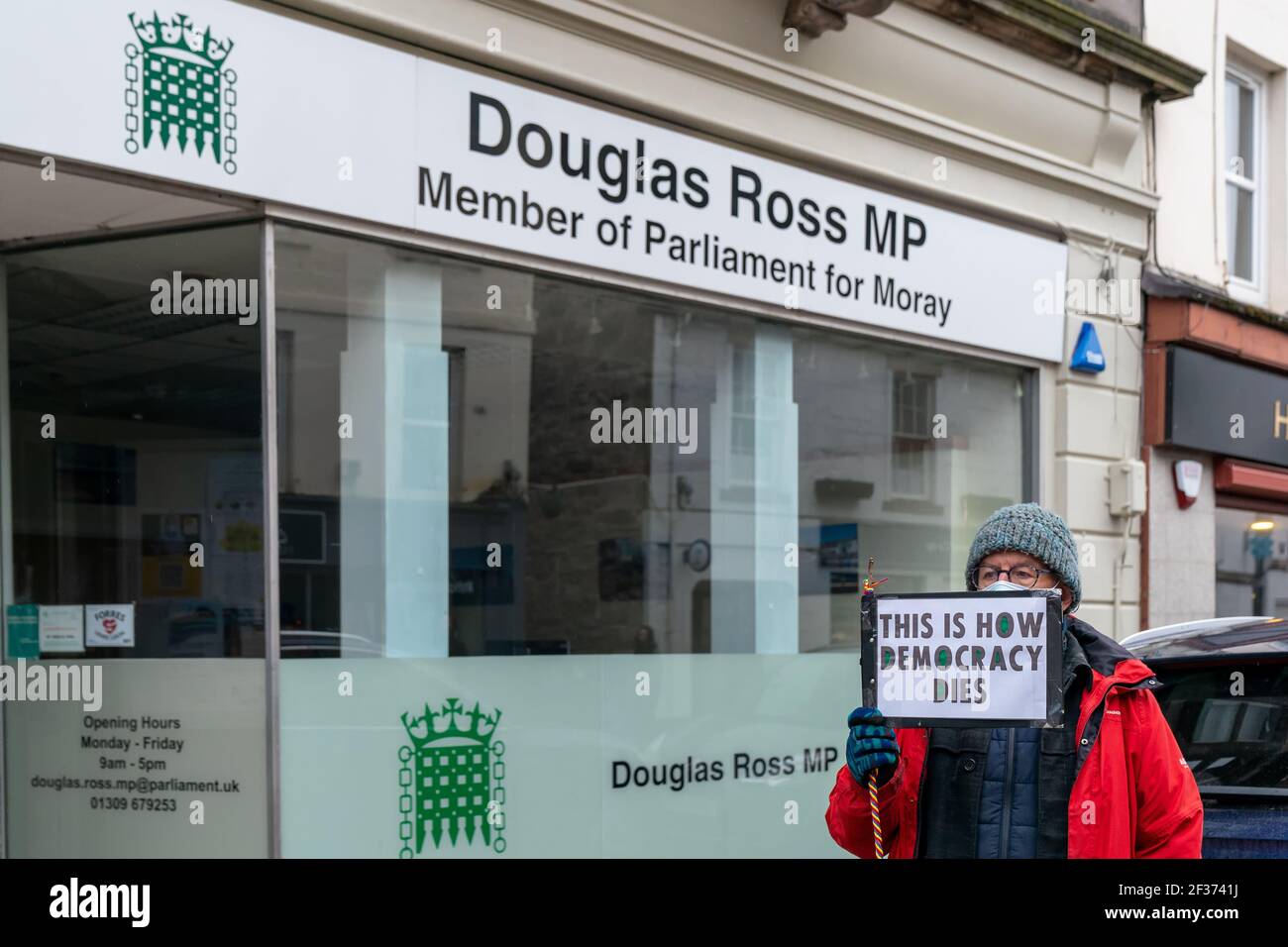 Outside MP Douglas Ross Office, High Street, Forres, Moray, UK. 15th Mar, 2021. UK. These are members from various groups in the Forres area protesting relative to the Police Bill and Freedom to Protest. Credit: JASPERIMAGE/Alamy Live News Stock Photo