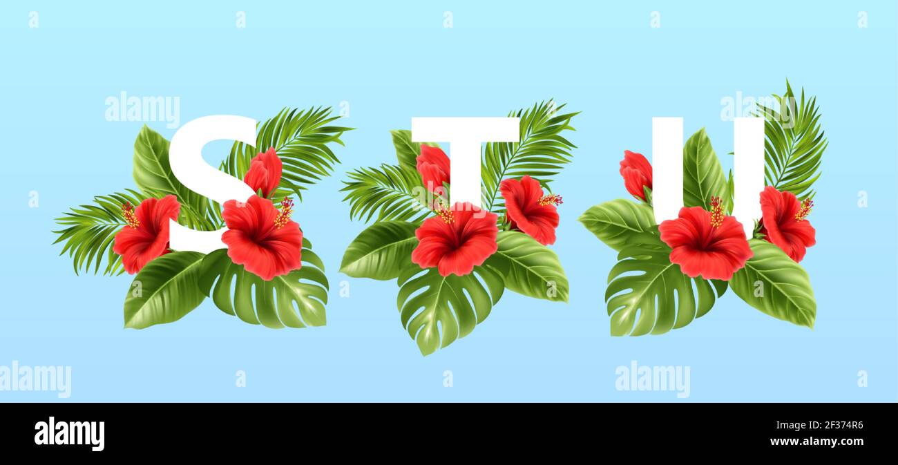 S T U letters surrounded by summer tropical leaves and red hibiscus flowers. Tropical font for summer decoration. Vector illustration Stock Vector