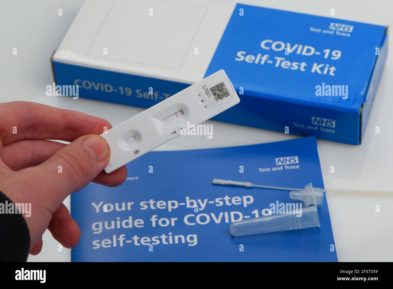 Covid-19 self-testing NHS test and trace home kit showing test results, this kit is given to school and college students for twice weekly testing. Stock Photo