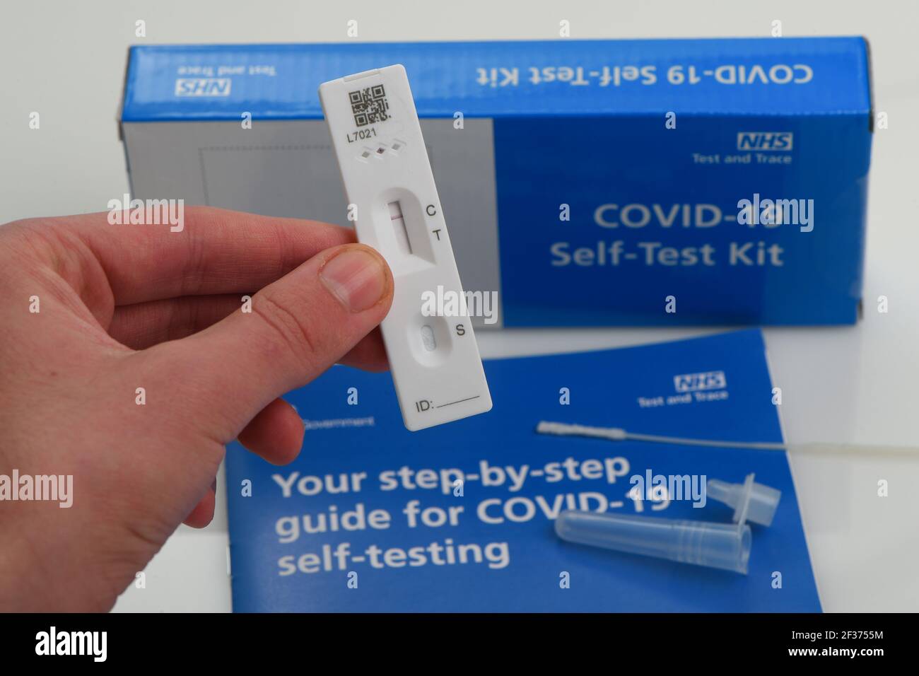 Covid-19 self-testing NHS test and trace home kit showing test results, this kit is given to school and college students for twice weekly testing. Stock Photo