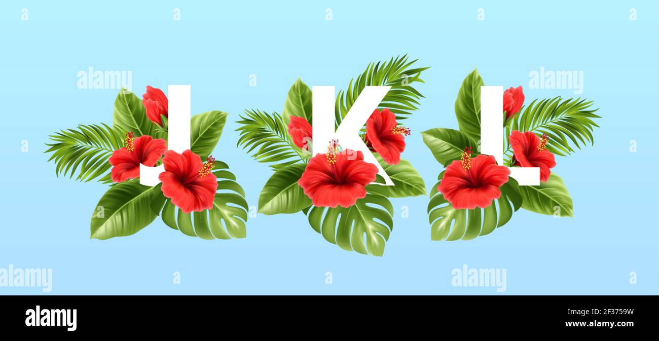 J K L letters surrounded by summer tropical leaves and red hibiscus flowers. Tropical font for summer decoration. Vector illustration Stock Vector