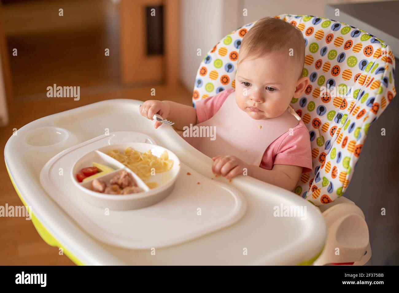 One year old girl having balanced meal in baby eating chair, healthy