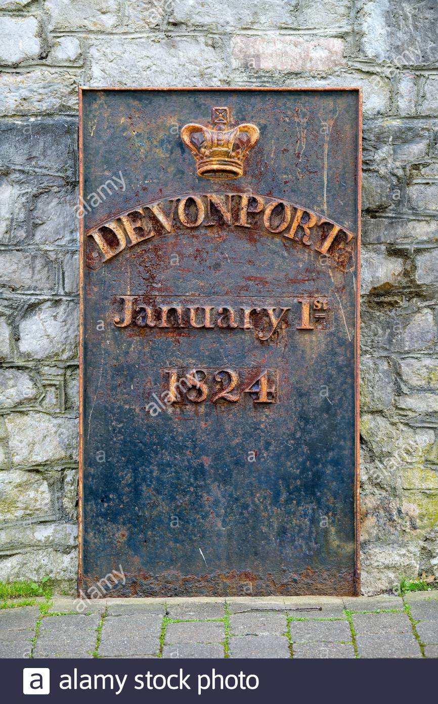 The town plaque bearing a crown the word Devonport and the date of January 1st 1824 commemorating the naming of Devonport in Plymouth England UK Stock Photo