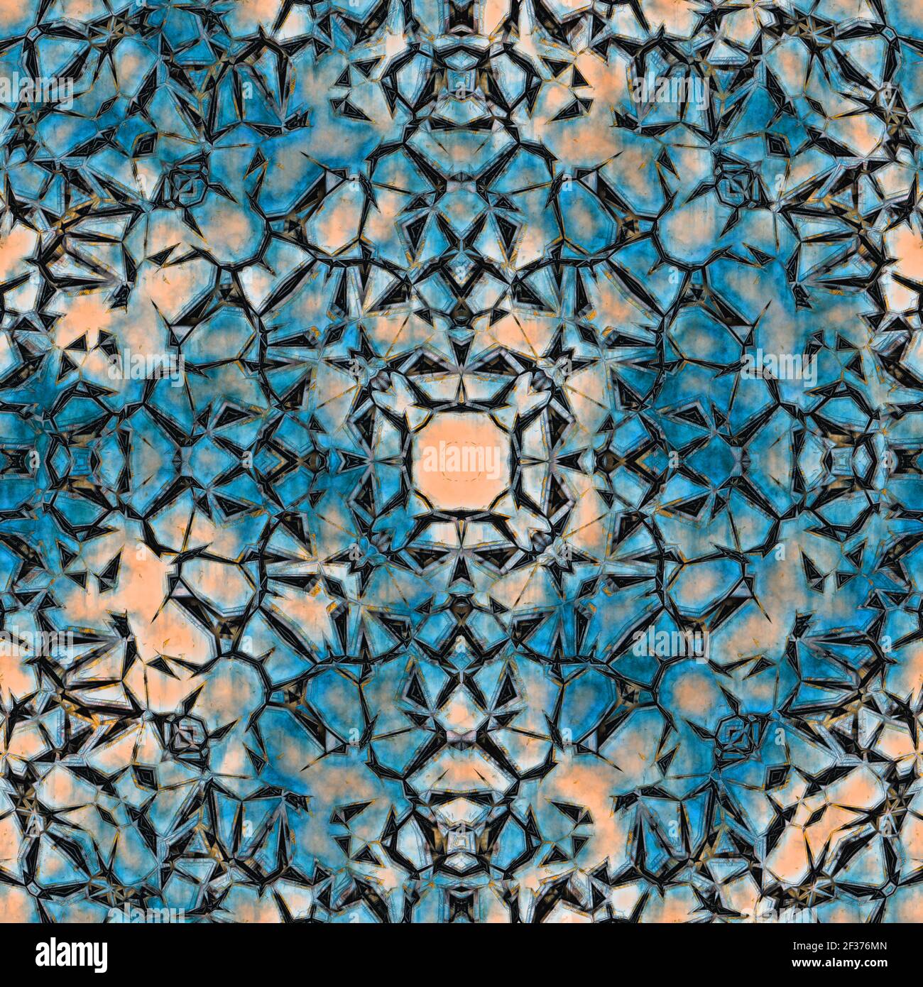 abstract background with rusty metal seamless kaleidoscope pattern, blue hue. Digitally created 3d illustration Stock Photo