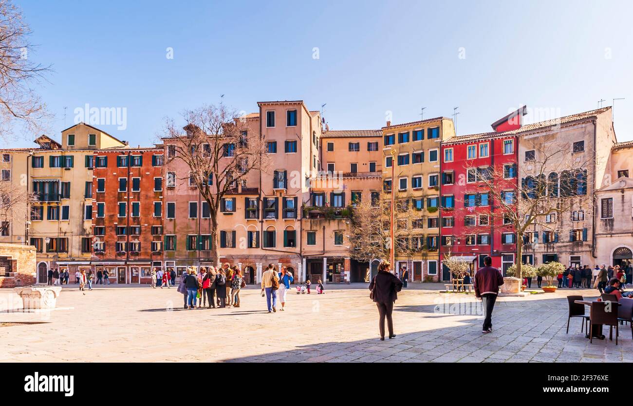 Facades of buildings on the Campo del Ghetto nuovo in the Ghetto district in Venice in Veneto, Italy Stock Photo